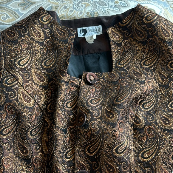 Essence Paisley Gold Copper Tuxedo Blazer Statement Size 14 Formal Jacket - Picture 9 of 13